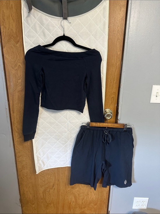 FP Movement by Free People Pants - FP Movement by Free People Navy Off-Shoulder Crop Top